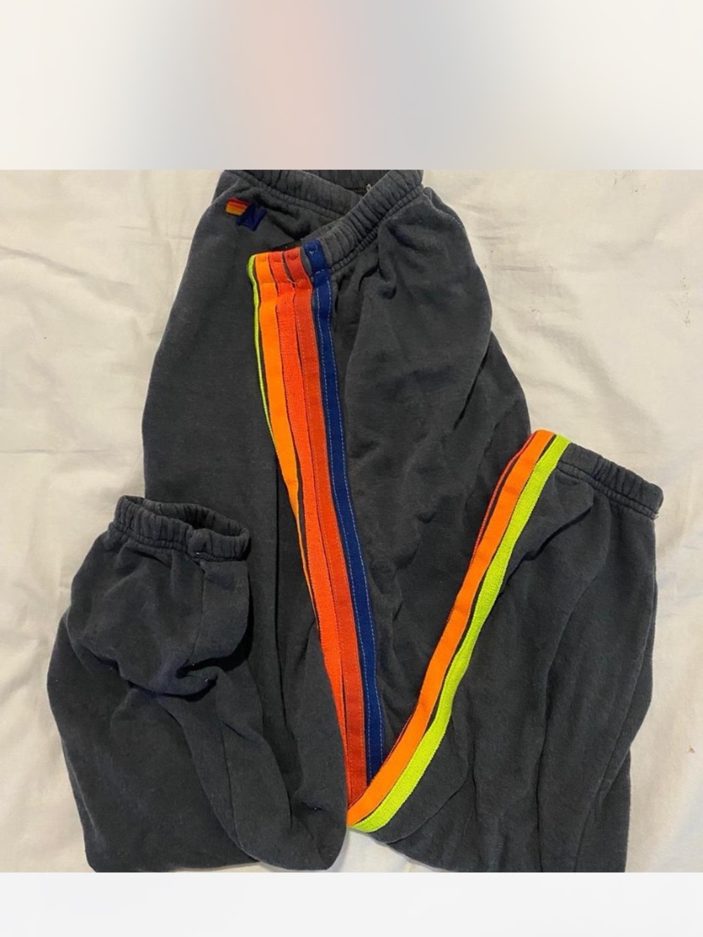 Aviator Nation Black Track Pants with Orange, Blue & Neon Yellow Stripes